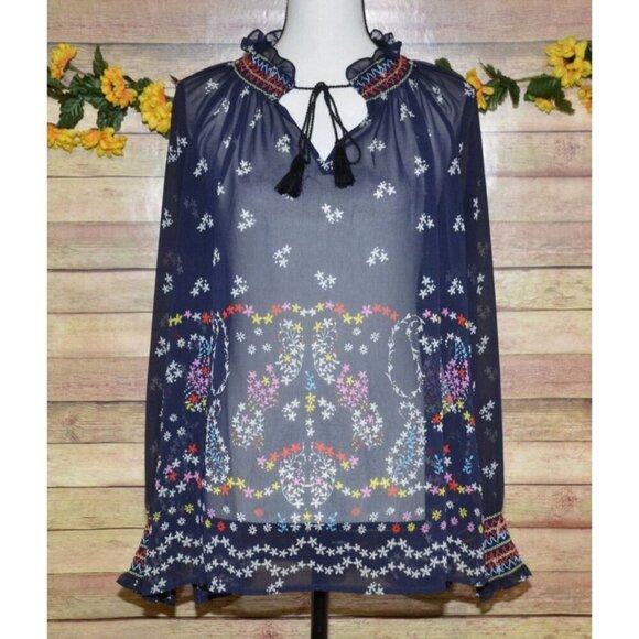 Cabi Sheer Blue Floral Long Sleeve Blouse Top Size S Tie Tassel Neckline Career - Picture 1 of 11